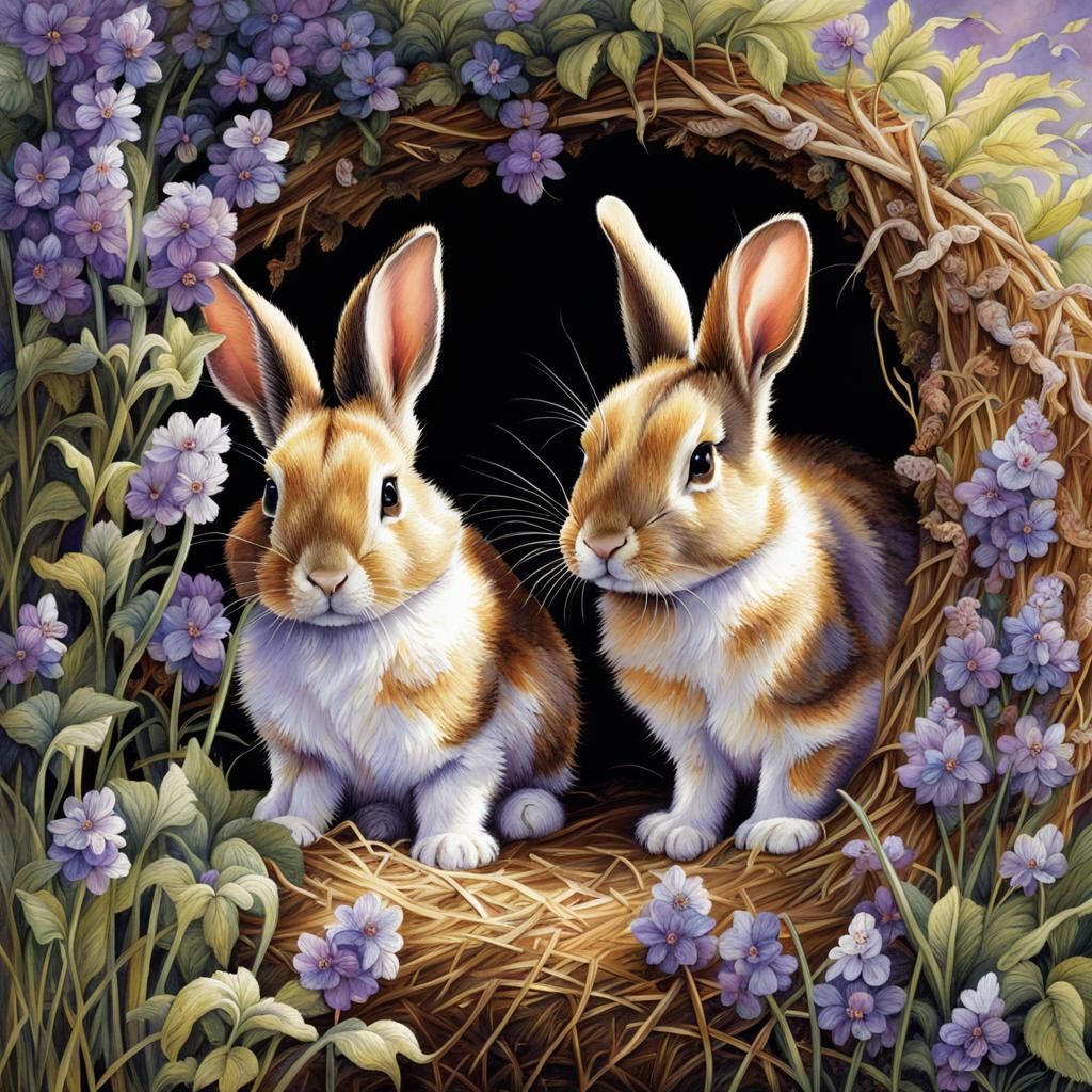 Baby Rabbits in Den at Twilight