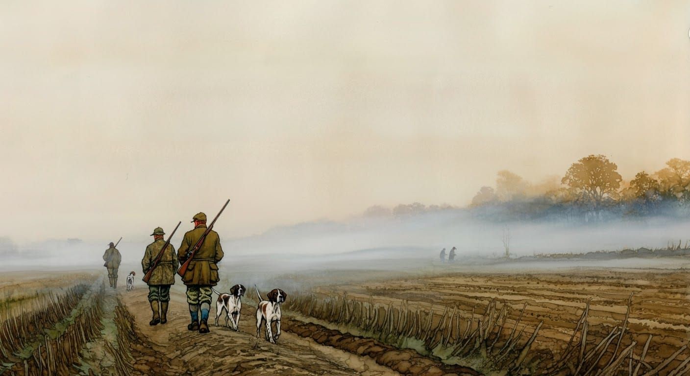 Camouflage Hunters Strolling in Frosty Fields