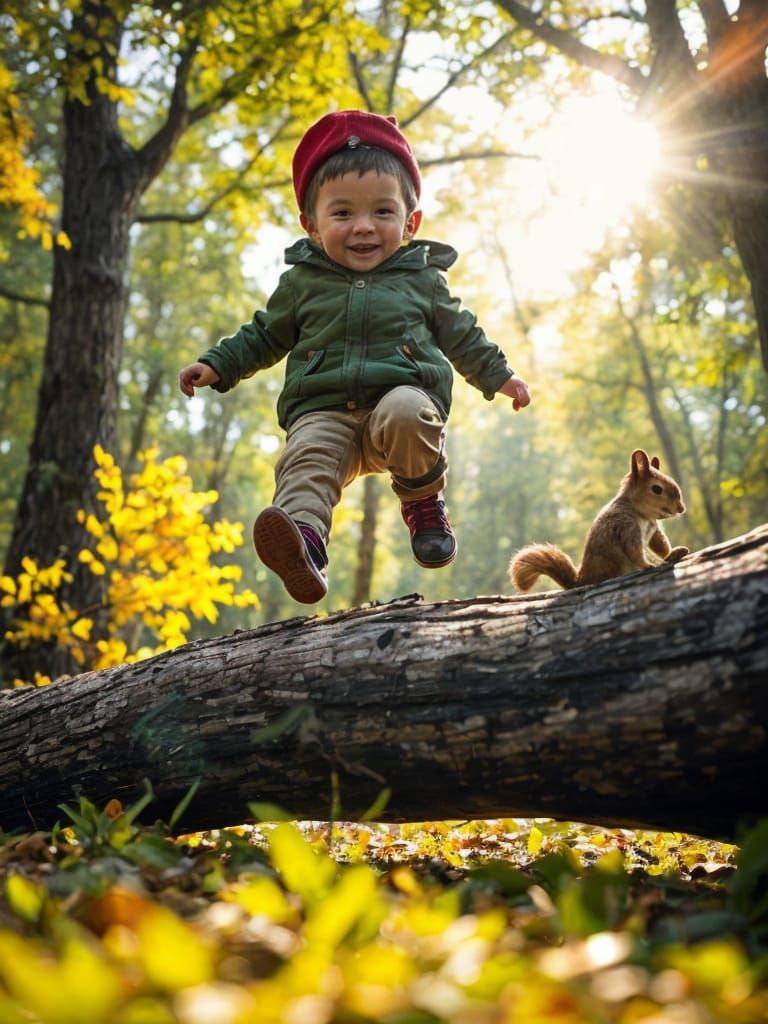 Boy Leaps Over Log in Vibrant Forest
