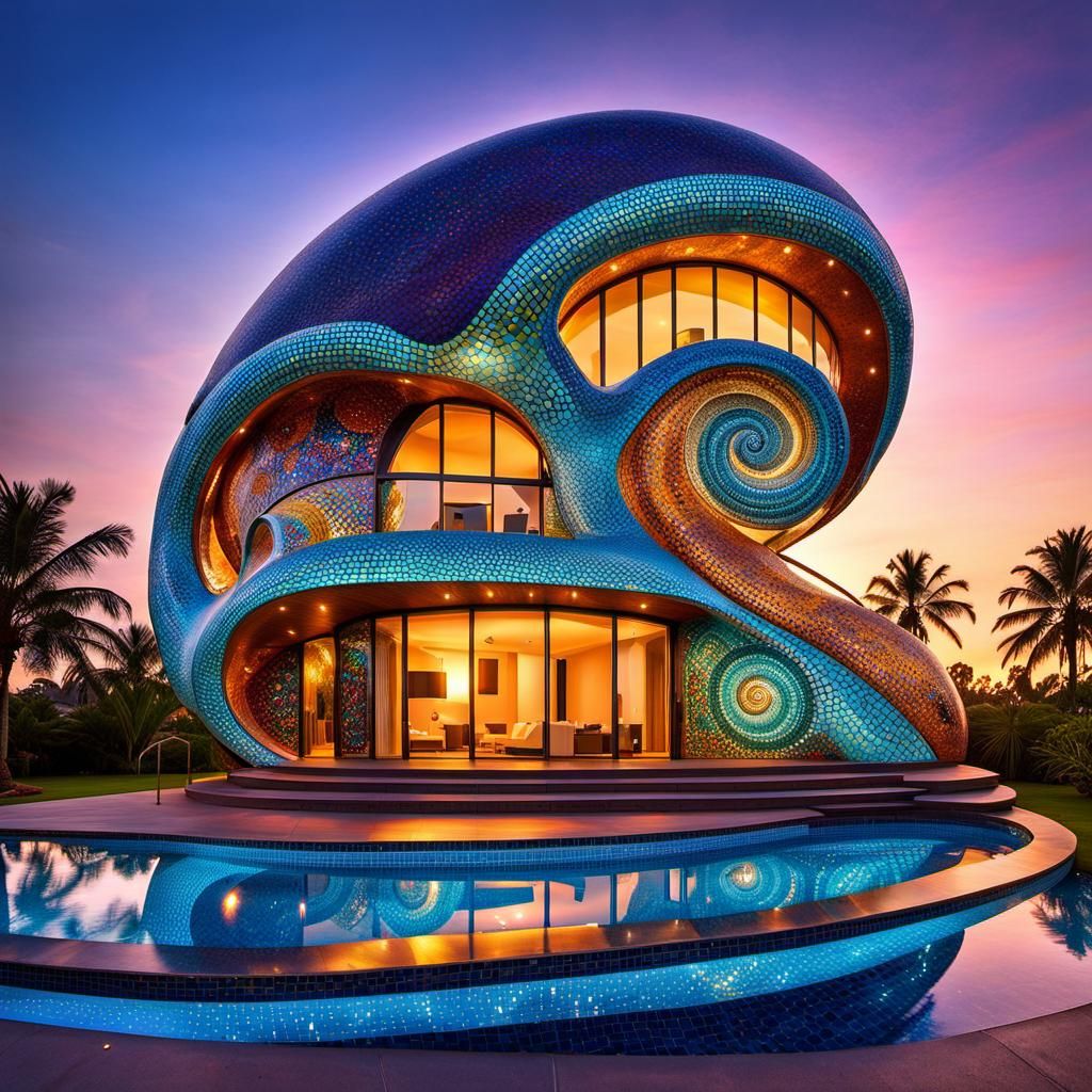 Futuristic Indian Naga House with Pool in Millefiori Mosaic