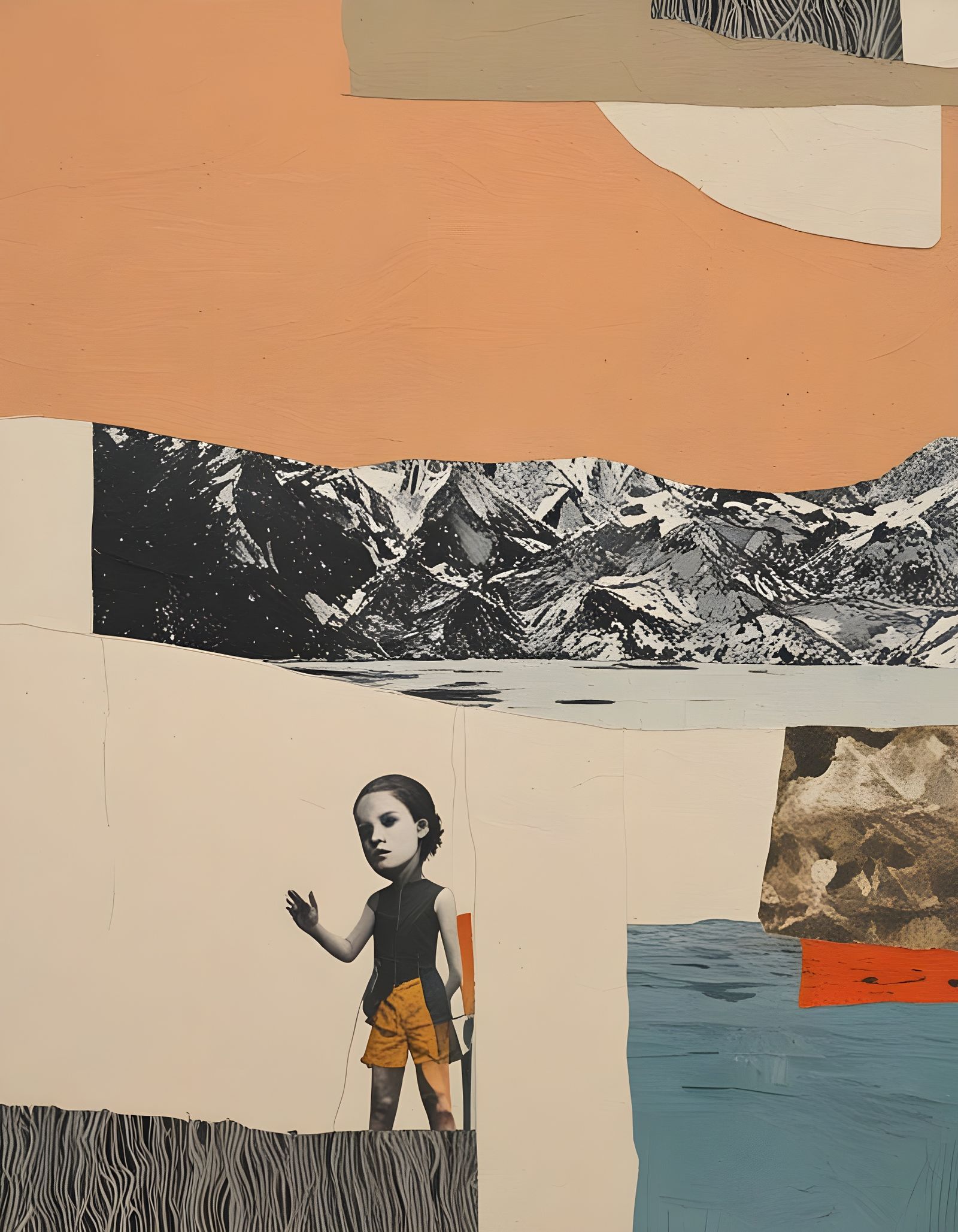 Abstract Mountain Lake Landscape with Speaking Figure