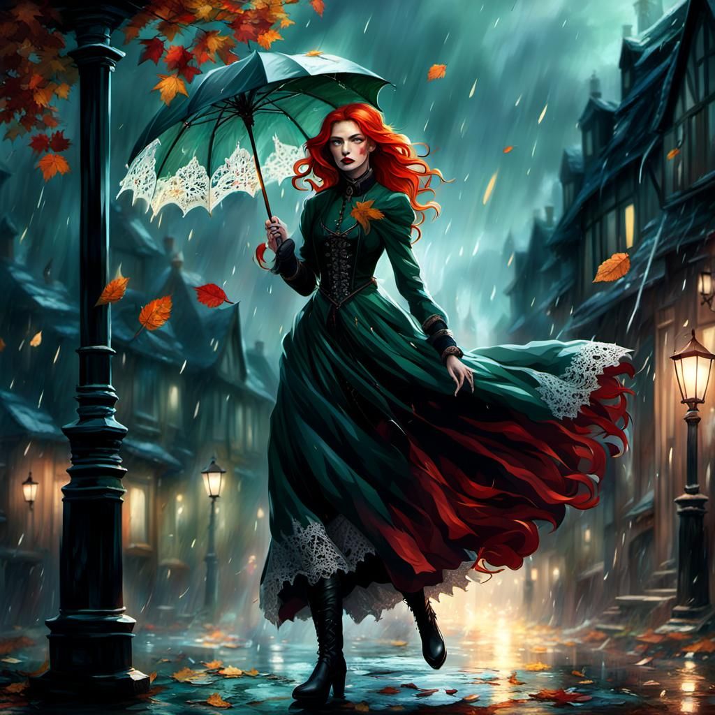 Fantasy Girl Battles Storm in Misty Village