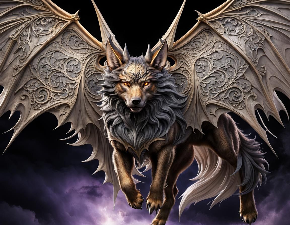 Majestic Bat-Wolf Chimera in a Mythical Aesthetic