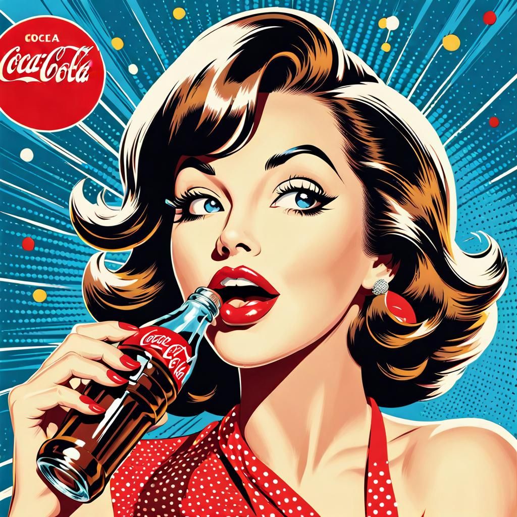 Vintage Pop Art Woman with Coca-Cola in Lichtenstein Style