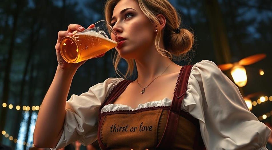 Woman in woman’s outfit at Oktoberfest in Munich a white blouse under a tight-fitting Bavarian dirndl drinking a beer ...