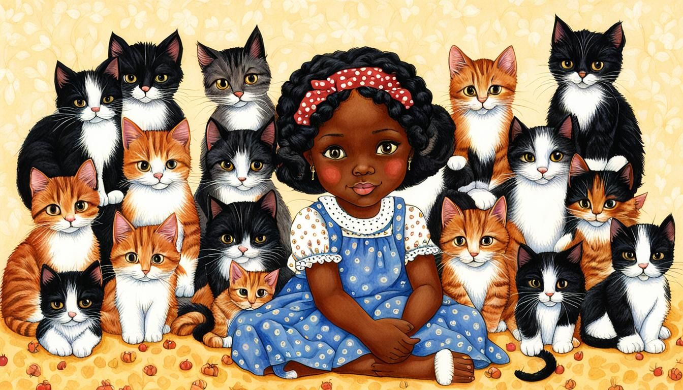 Girl Surrounded by Kittens in Engelbreit Style