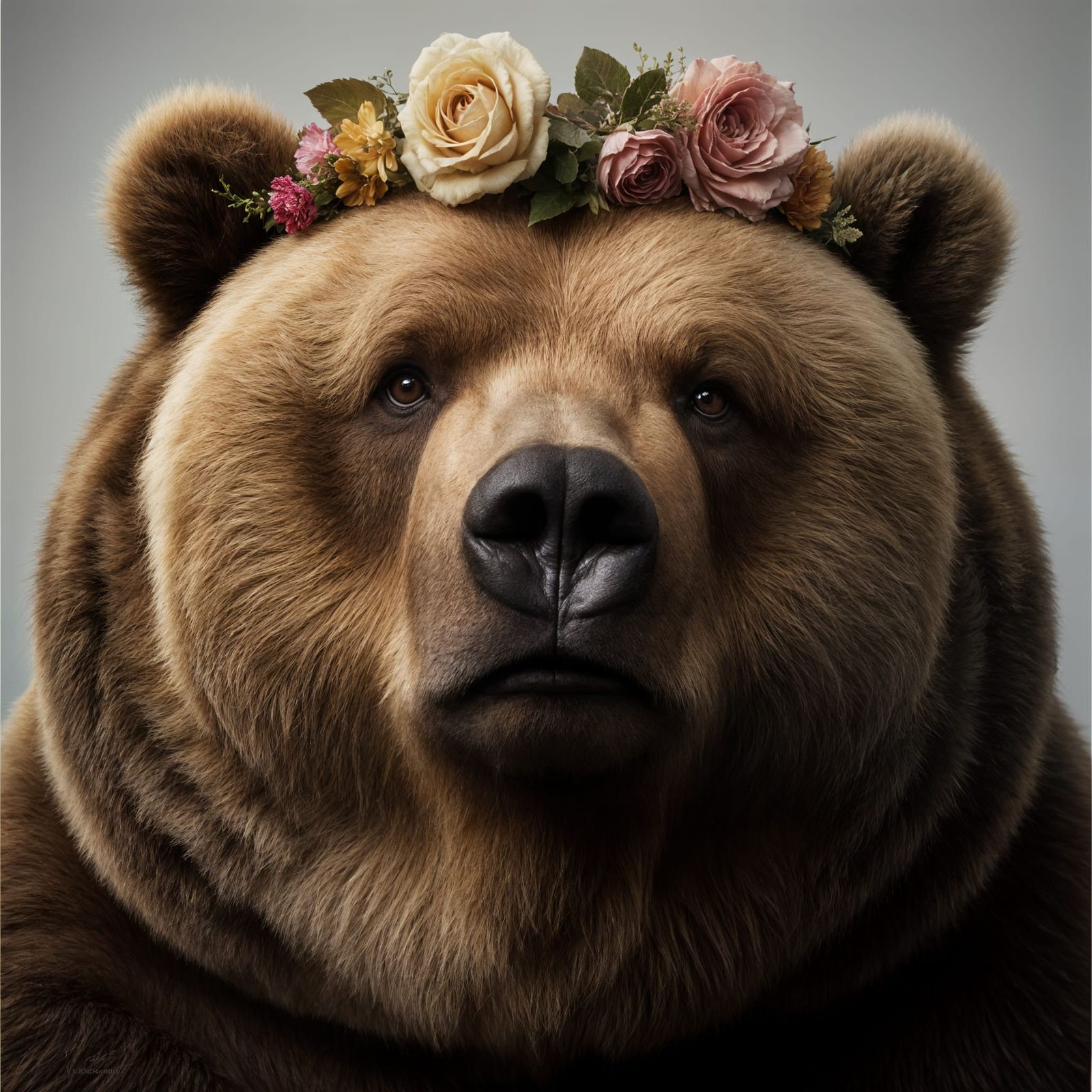 Sophisticated Obese Kodiak Bear Portrait with Floral Wreath