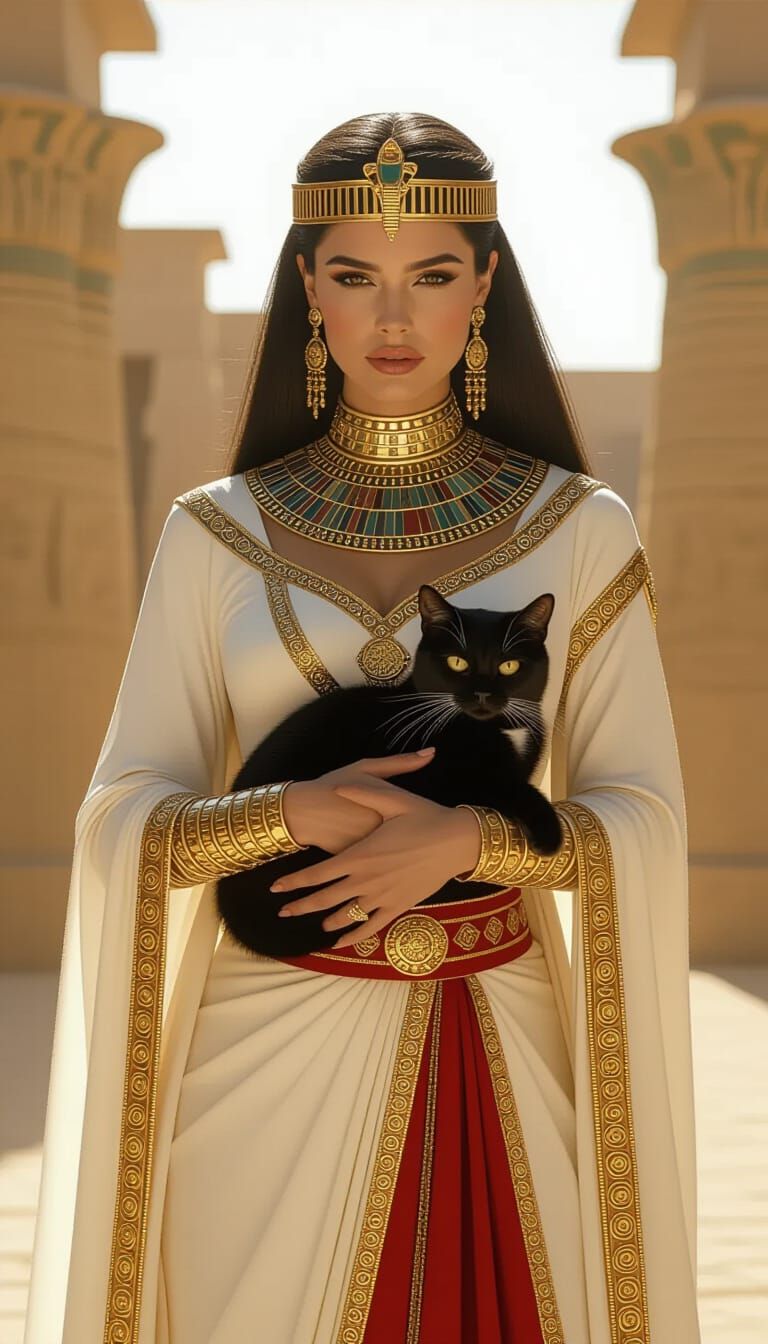 Curvy Woman with Cat in Ancient Egypt, Cinematic Style