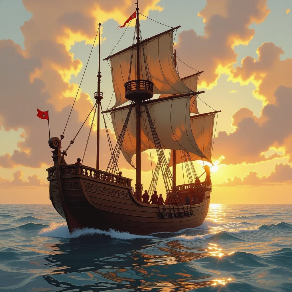 Roman Galley Ship Sails on Tranquil Sea as Oil Painting