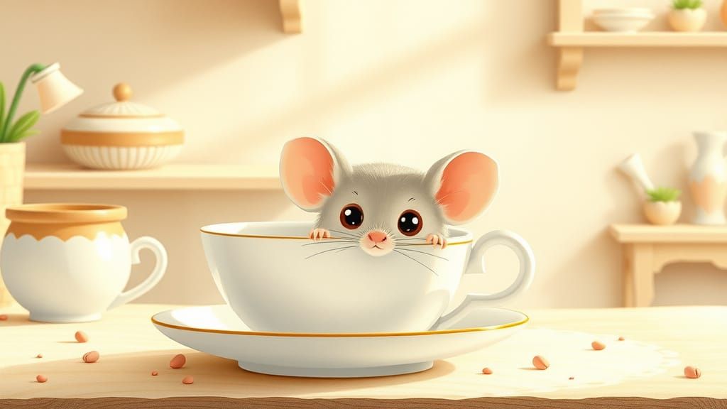 Shy Mouse in Cozy Kitchen, Vintage Illustration