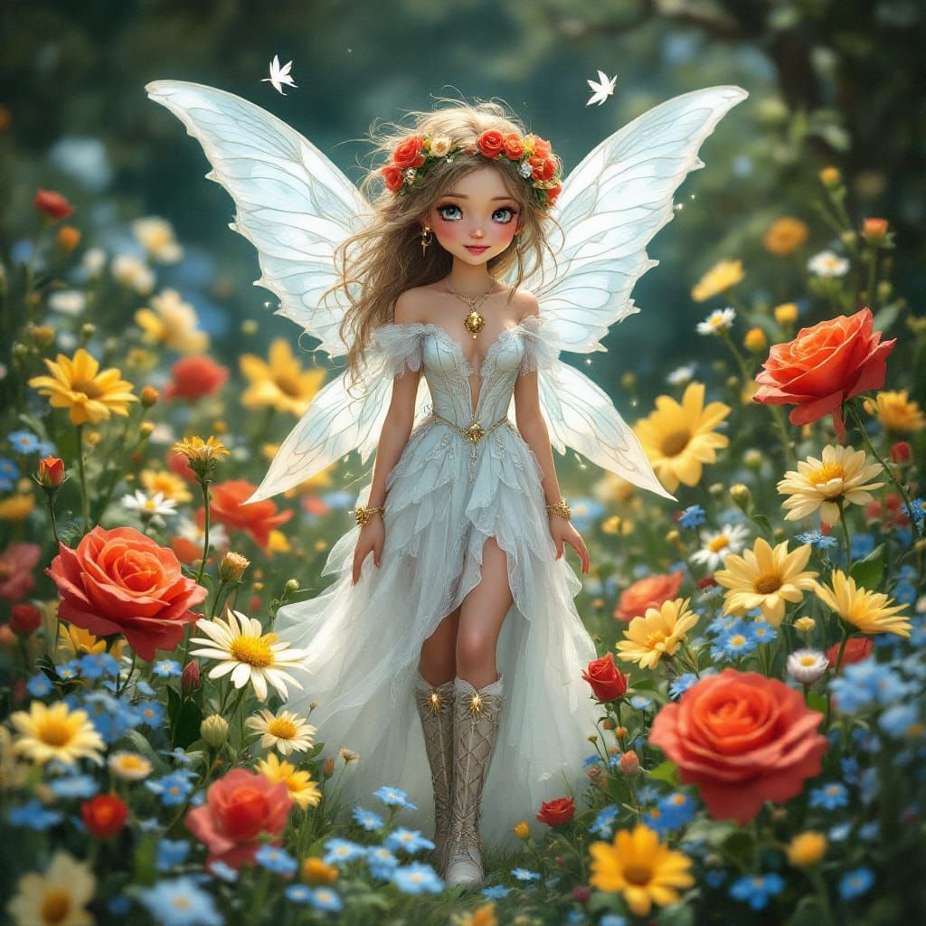 Delicate Fairy in Lush Flower Meadow