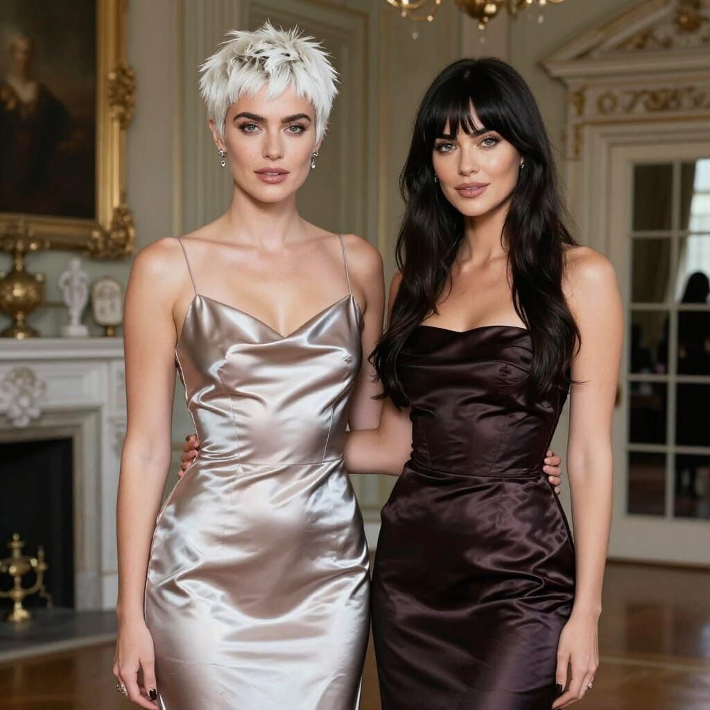 Two Women in Liquid Satin Dresses at English Mansion