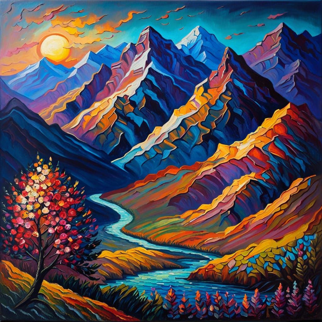 Mountain Sunset: Neo-Impressionist Expressionist Oil Paintin...