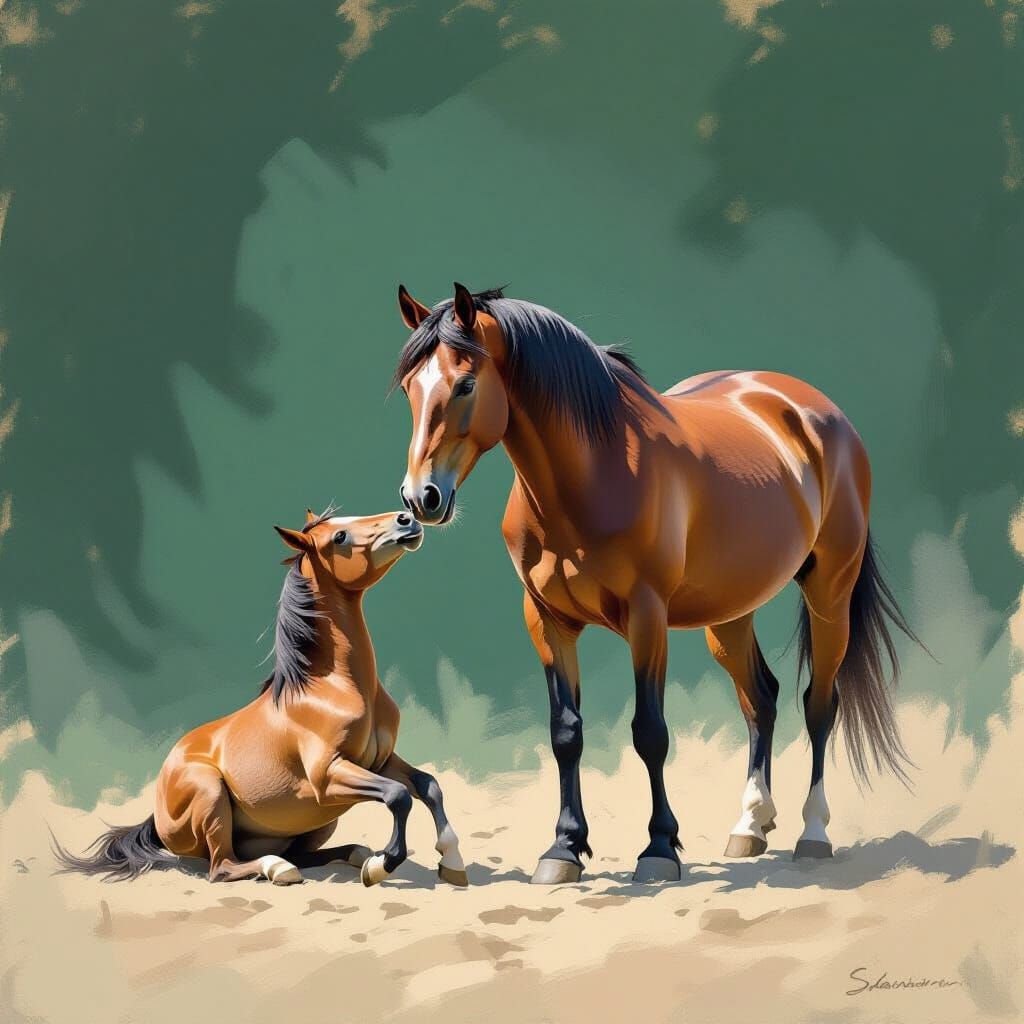 Gentle Stallion Plays with Mother in Chiaroscuro Sketch