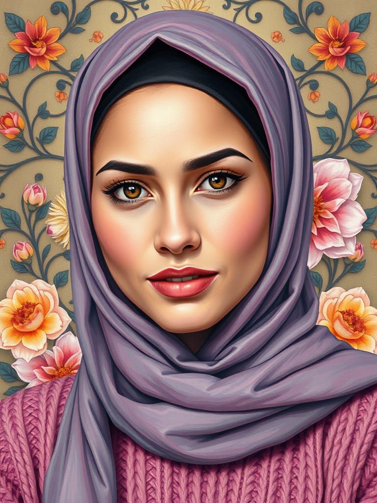 Confident Hijabi Woman in Vibrant Floral Background