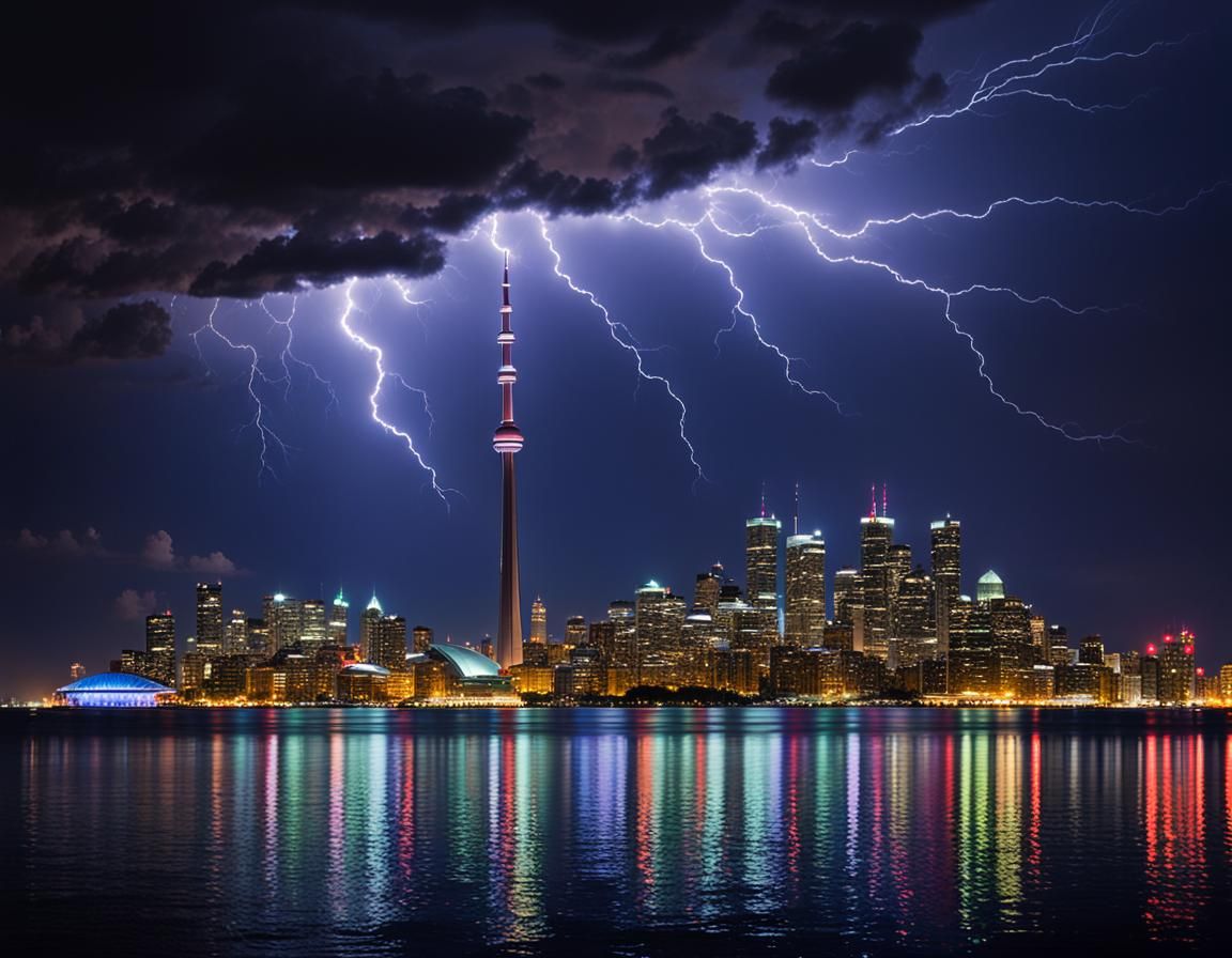 Toronto Skyline at Night with Lightning Storm