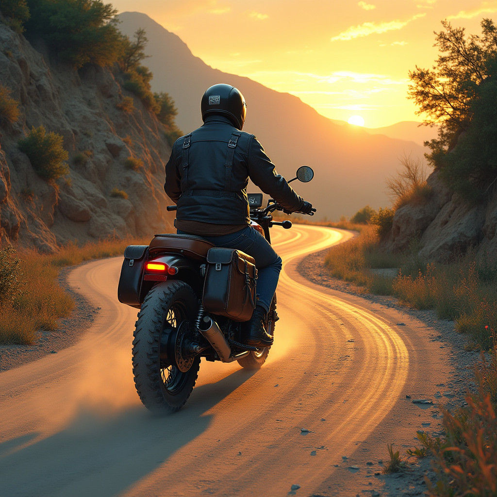 Eine Bike fährt im Sonnenuntergang eine Serpentinen Strasse rauf.