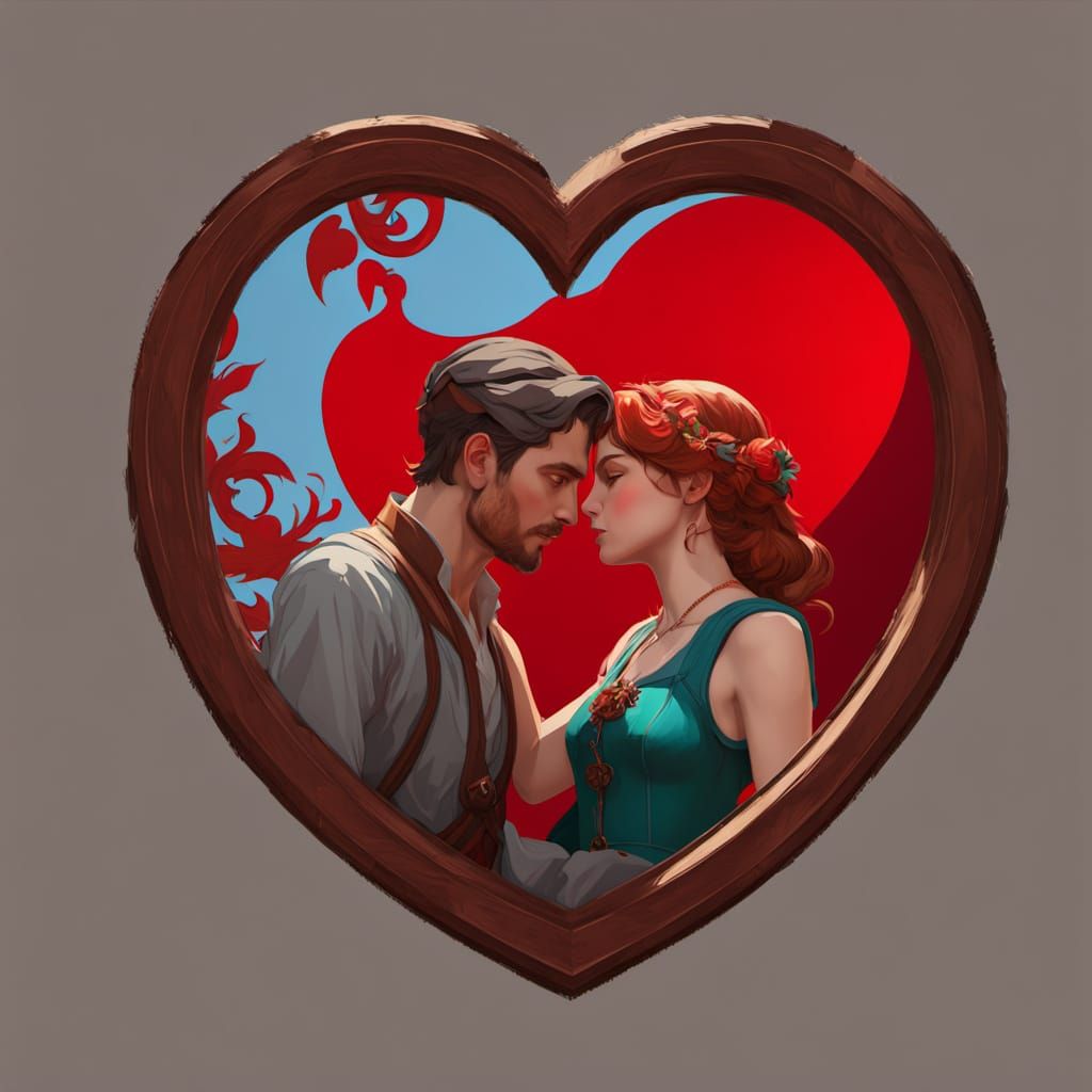 Romantic Oil Painting of a Couple Kissing Within a Vibrant R...