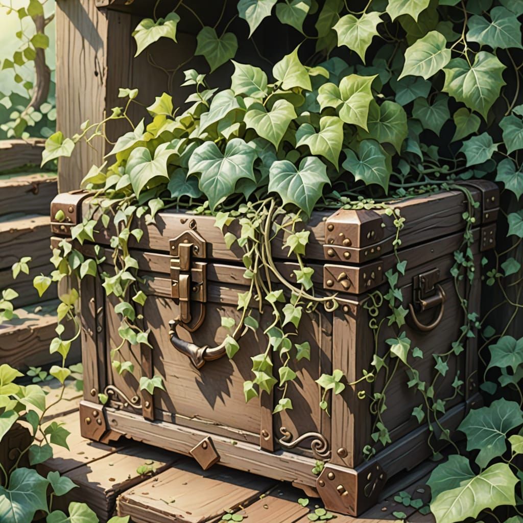 Ivy-Covered Treasure Chest in Watercolor Style