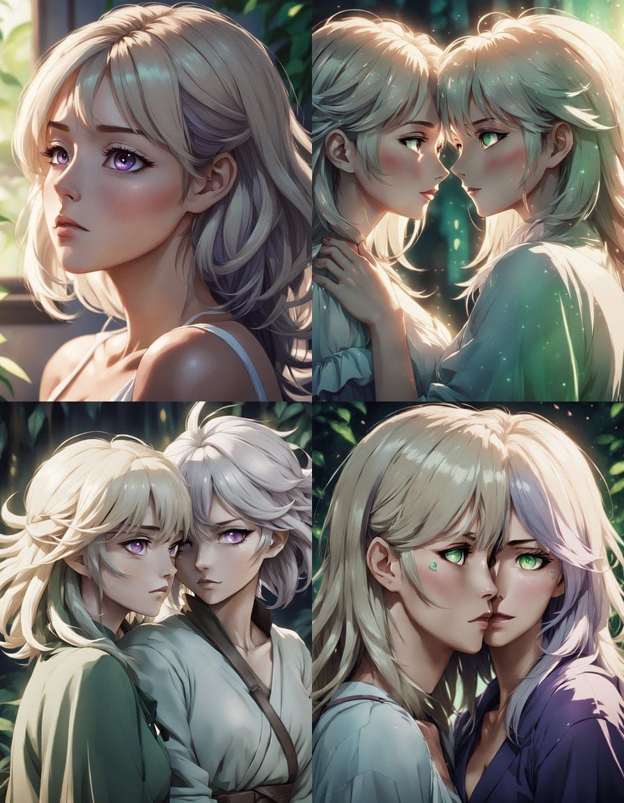 A semi-realistic anime-style illustration of a quiet embrace between a platinum-blonde woman with subtle purple streaks ...