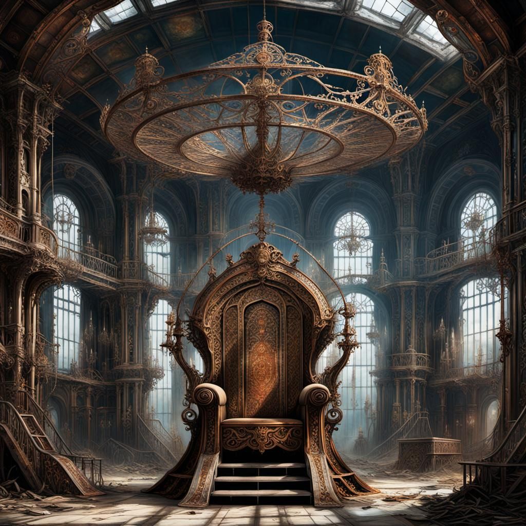 In the center of a rococo-inspired post-apocalyptic starship hangar, a grandiose throne made of rusted metal and adorned...