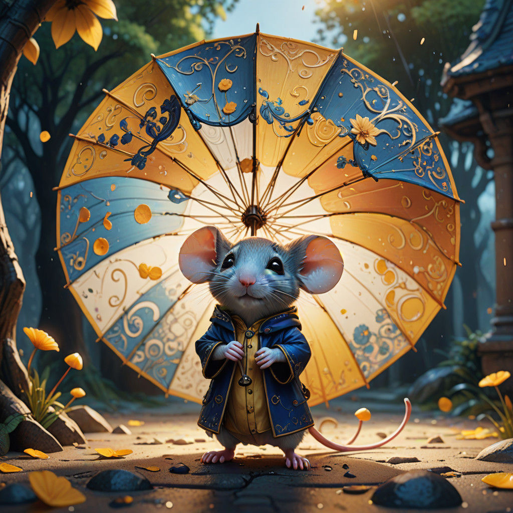 Whimsical Fantasy Mouse Under Vibrant Umbrella