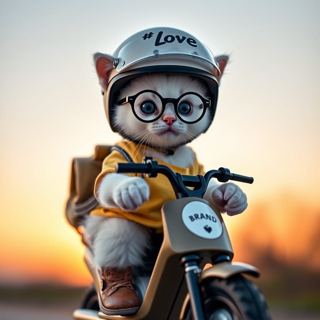 PROMPT:

Professional photo of a small, cute [white kitten] riding a miniature [scooter]. Wearing a helmet with "[Love]"...
