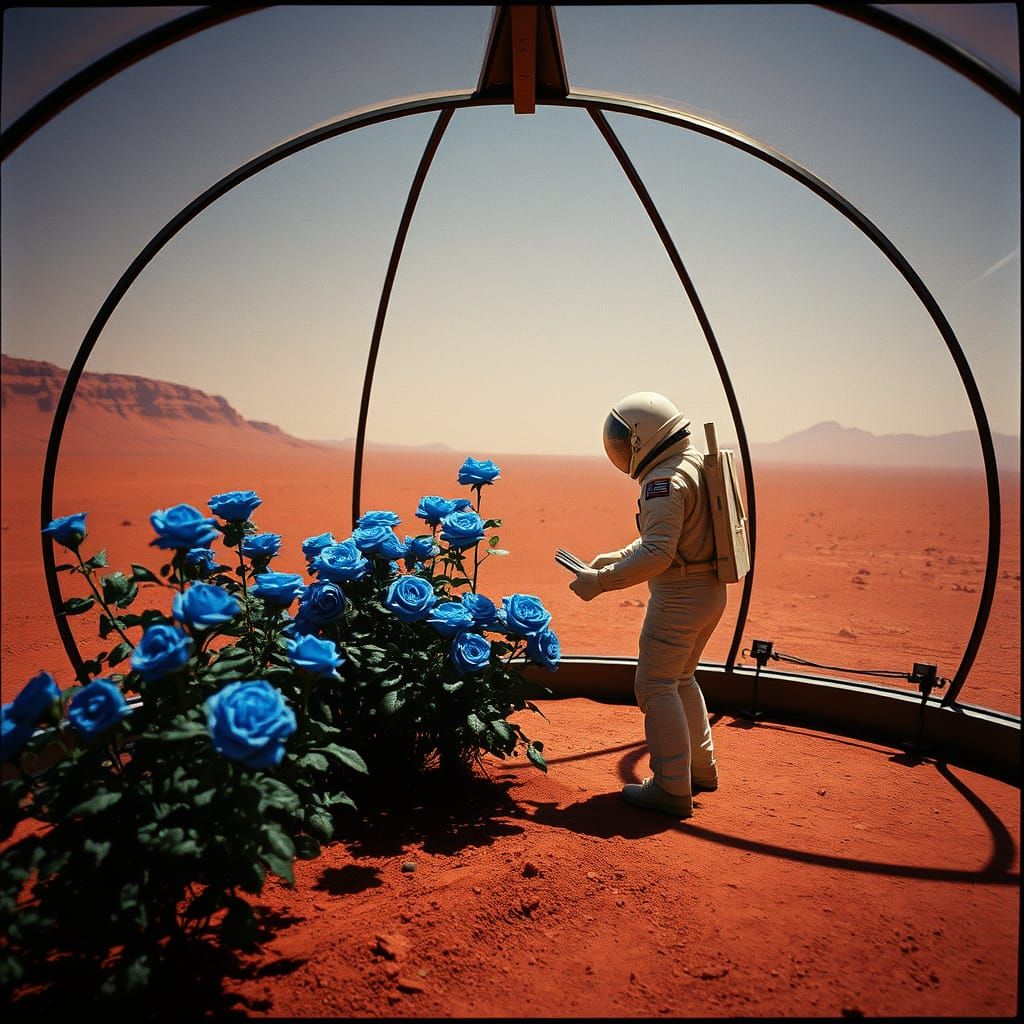 Astronaut's Blue Rose Garden on Mars: Cinematic Still