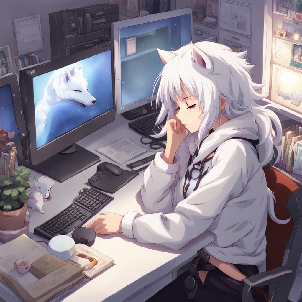 Wolfie sleeping at the computer