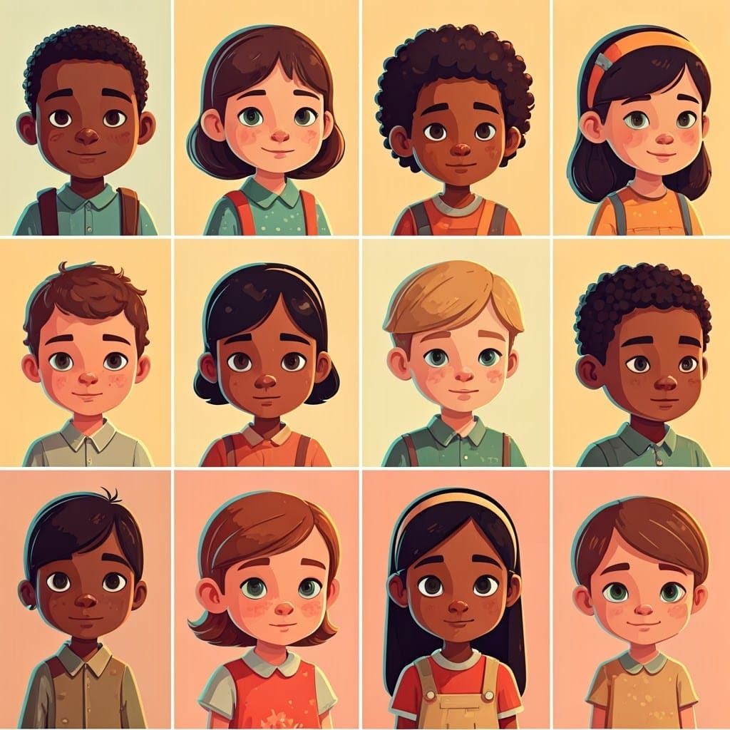 Diverse Children Avatars in Vibrant Flat Style