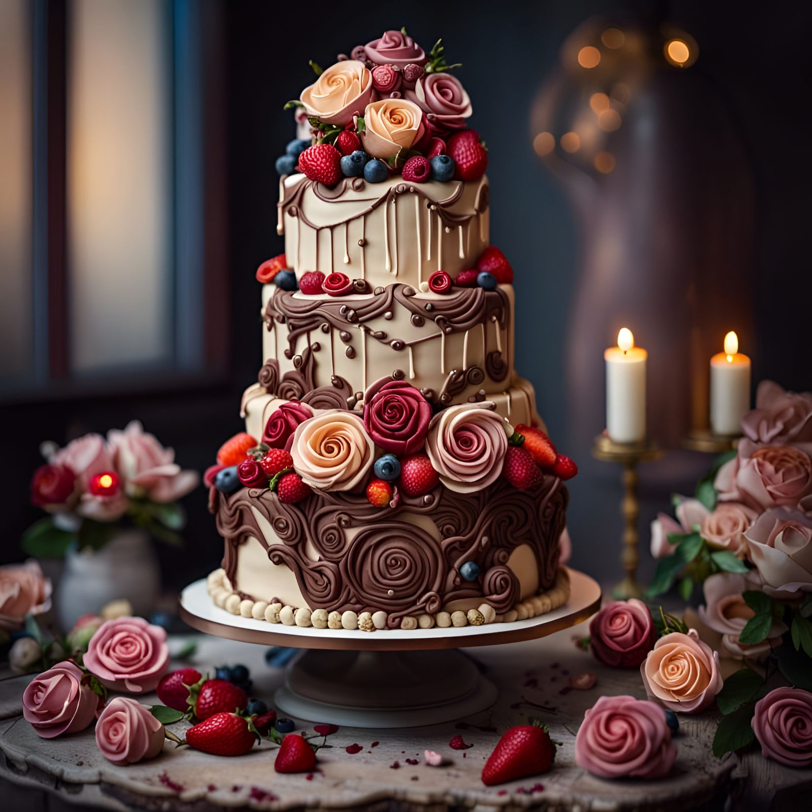 Hyperrealistic Wedding Cake with Roses and Berries