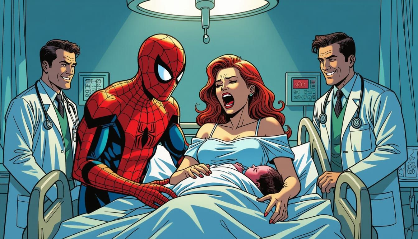 Spiderman and Mary Jane in Chaotic Hospital Birth Scene