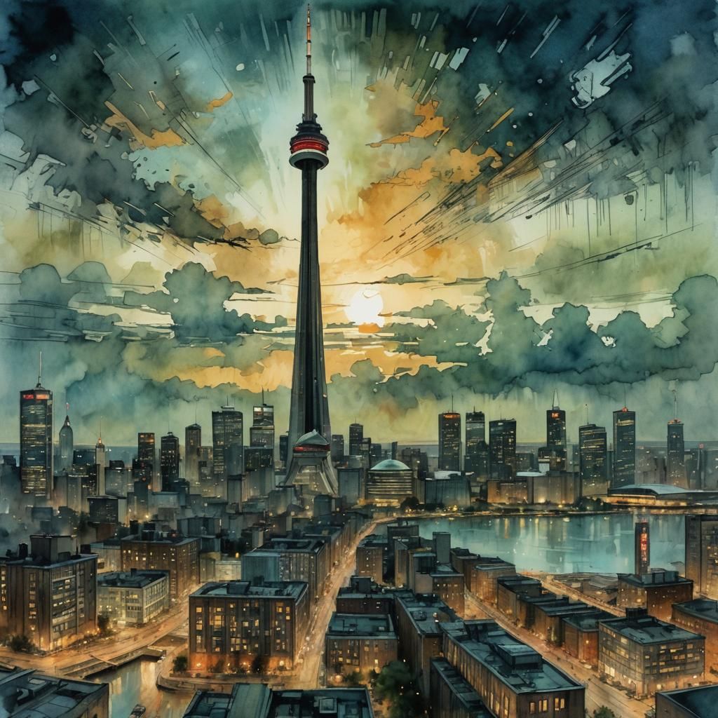 Toronto CN Tower Watercolour Illustration at Dusk