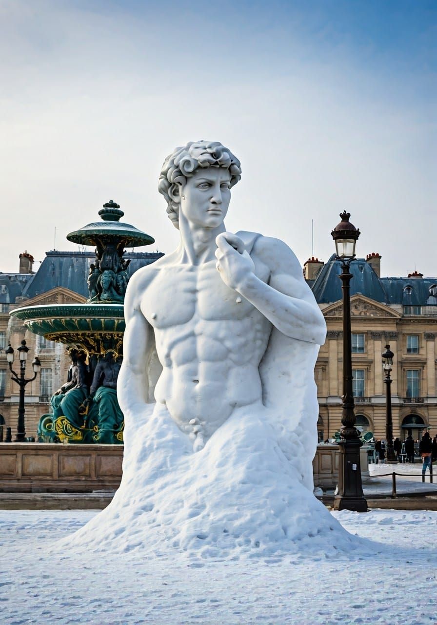 Ephemeral Snow Sculpture of David in Winter Wonder