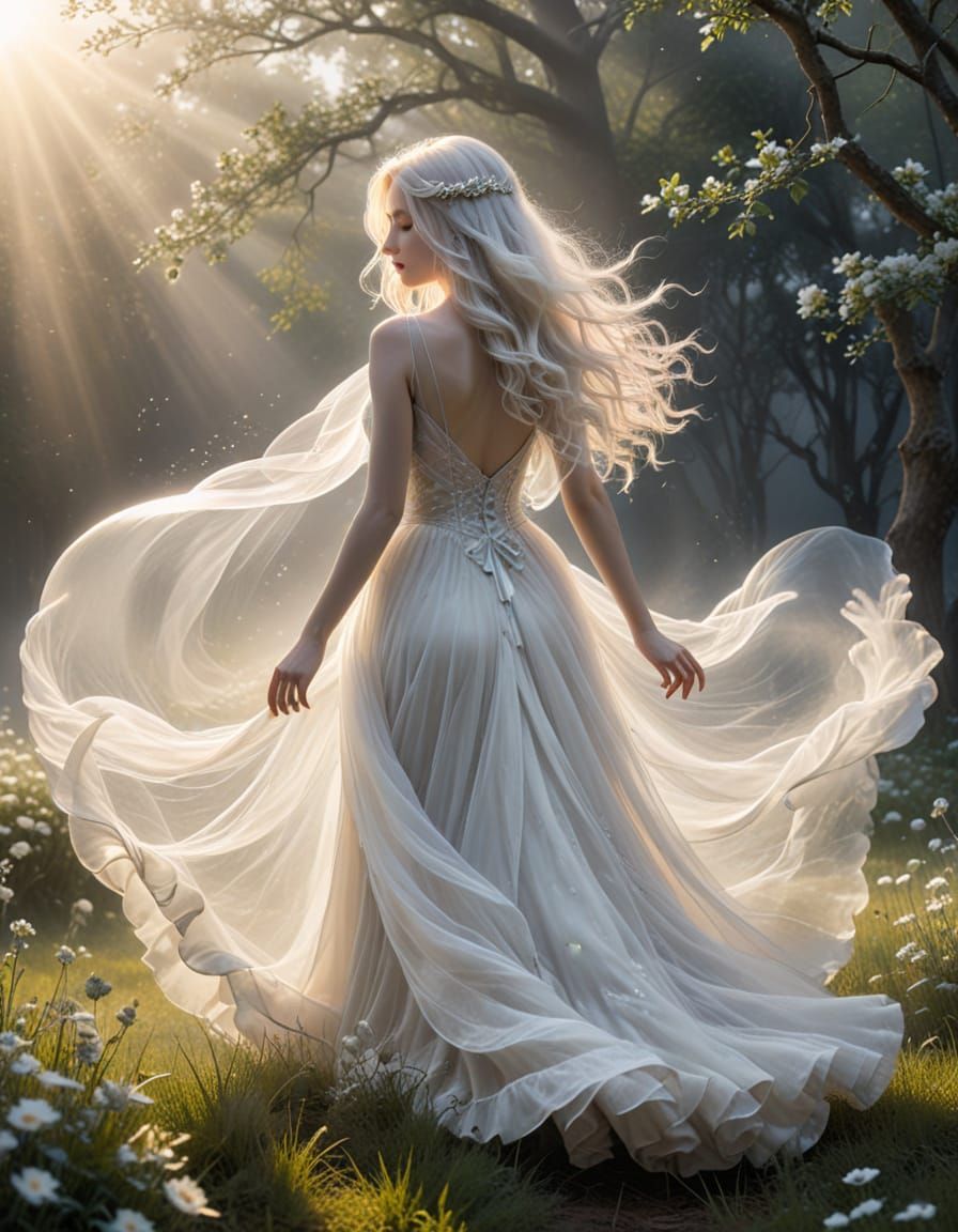 Ethereal Woman Running into White Mist, Surreal Digital Art