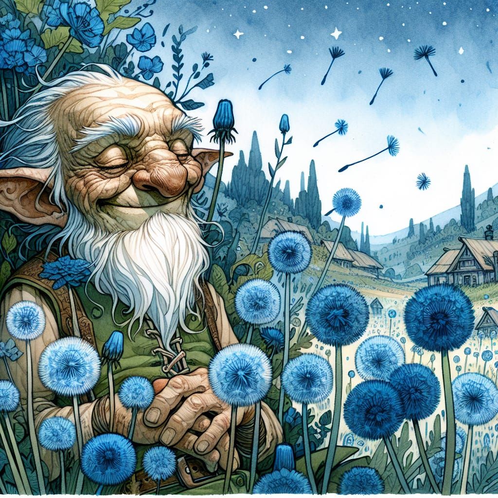 Whimsical Goblin Finds Peace in Blue Dandelion Meadow