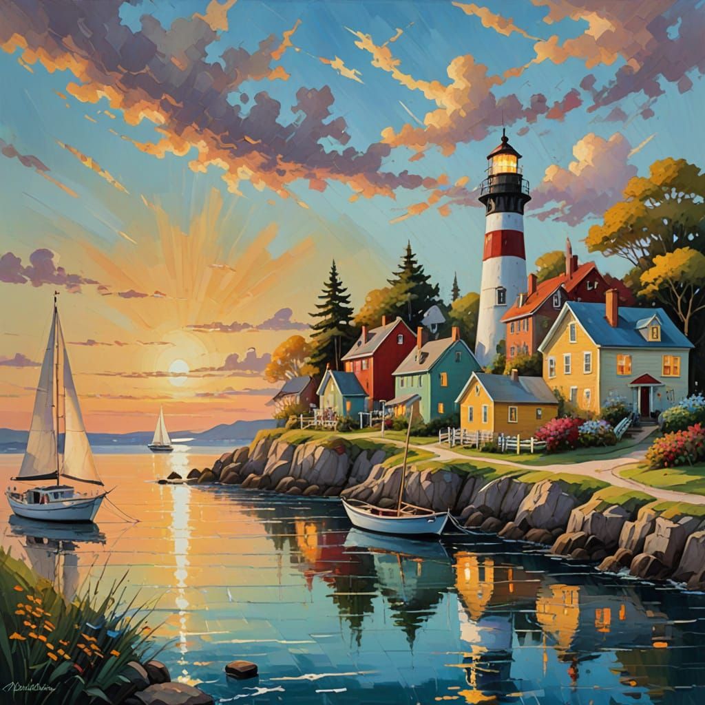 Whimsical Coastal Scene with Sailboat and Lighthouse