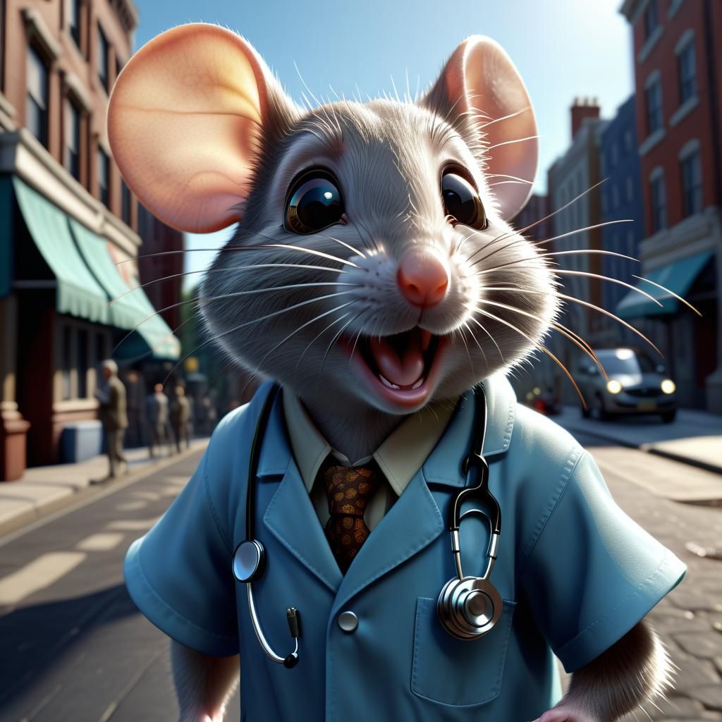 Horrified Anthropomorphic Mouse Doctor in Hyperdetailed City