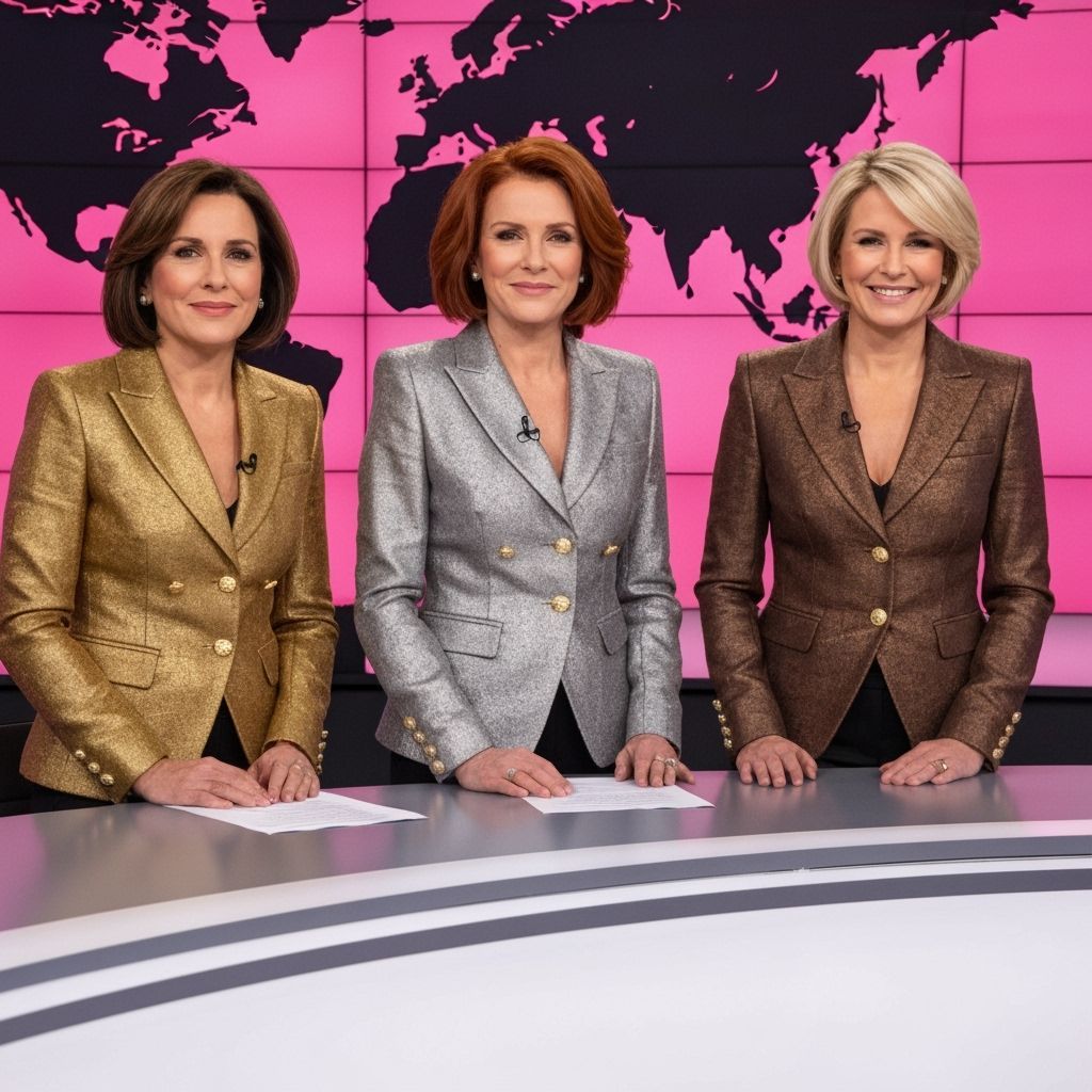 Businesswomen in Metallic Blazers at Newsdesk with World Map