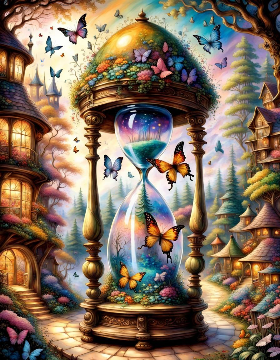Hourglass in Fantasy Forest Village with Butterflies