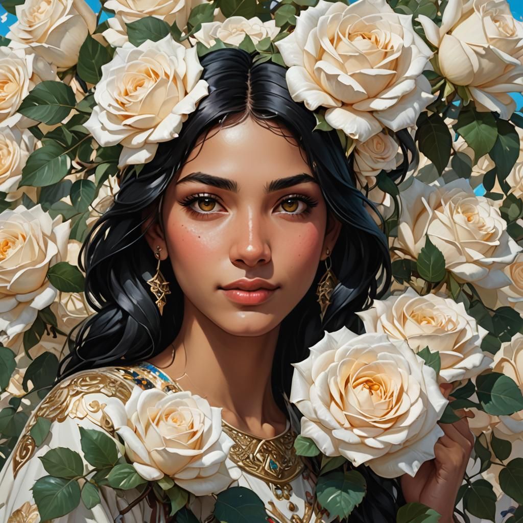 Iraqi Teenager Surrounded by White Roses