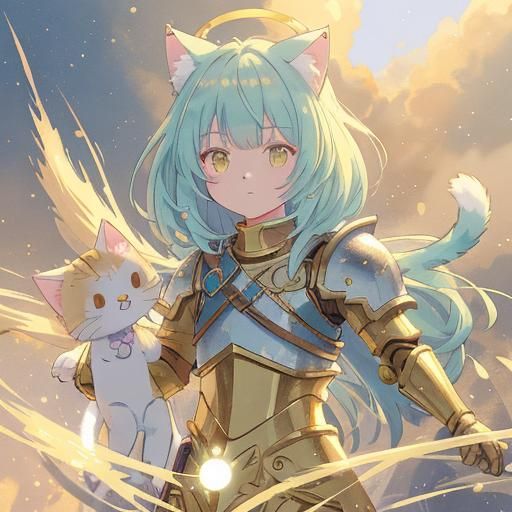 Anime Boy with Cat Features in Gold Armor