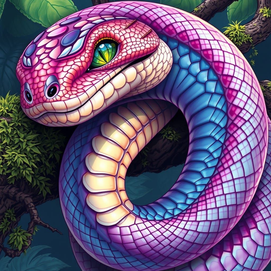 Serpent with Emerald Eyes in Dreamlike Tropical Landscape