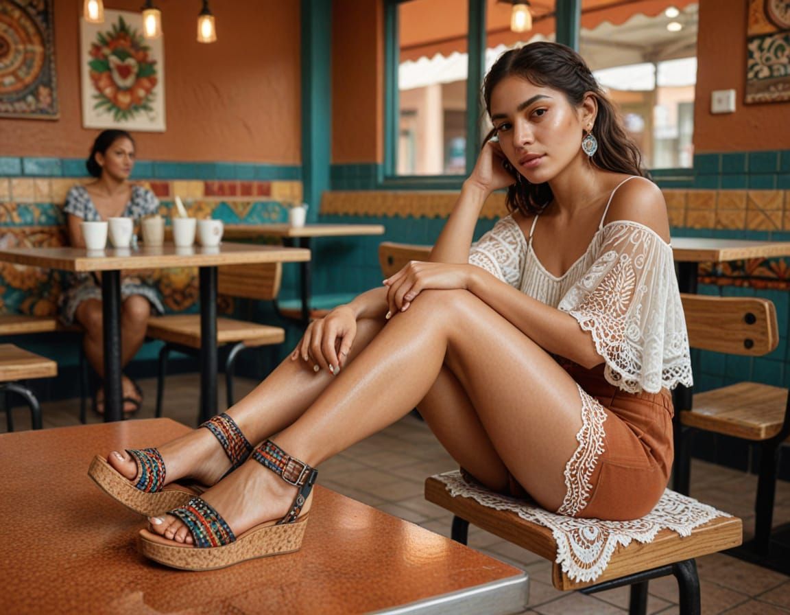 Mexican Woman in Cafeteria: Hyper-Realistic Digital Art