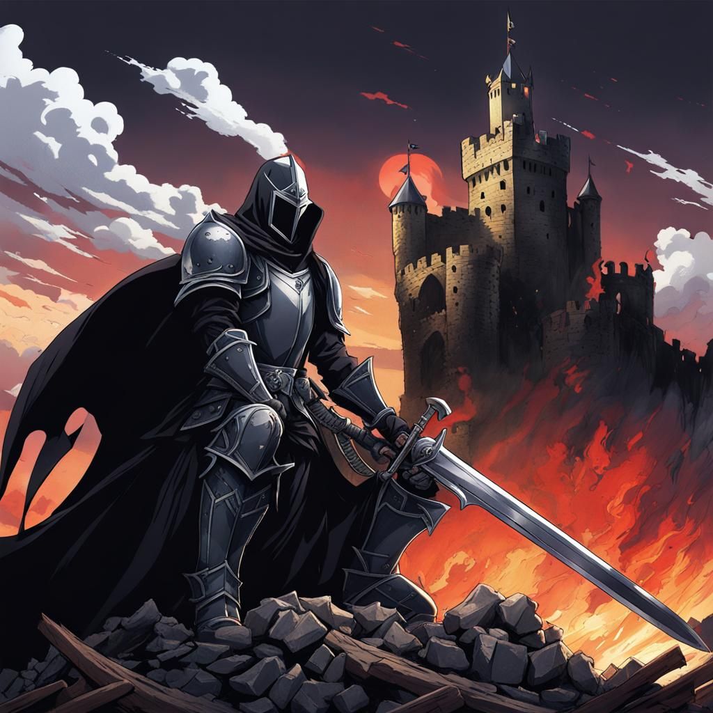 Battered Knight Overlooking Destroyed Castle, in Anime Style
