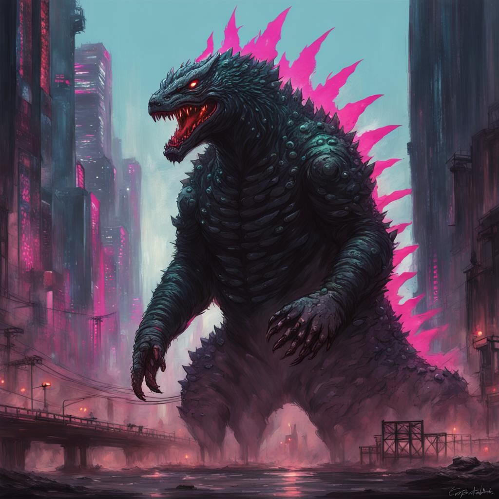Cyberpunk Godzilla Roars Over Future Cityscape