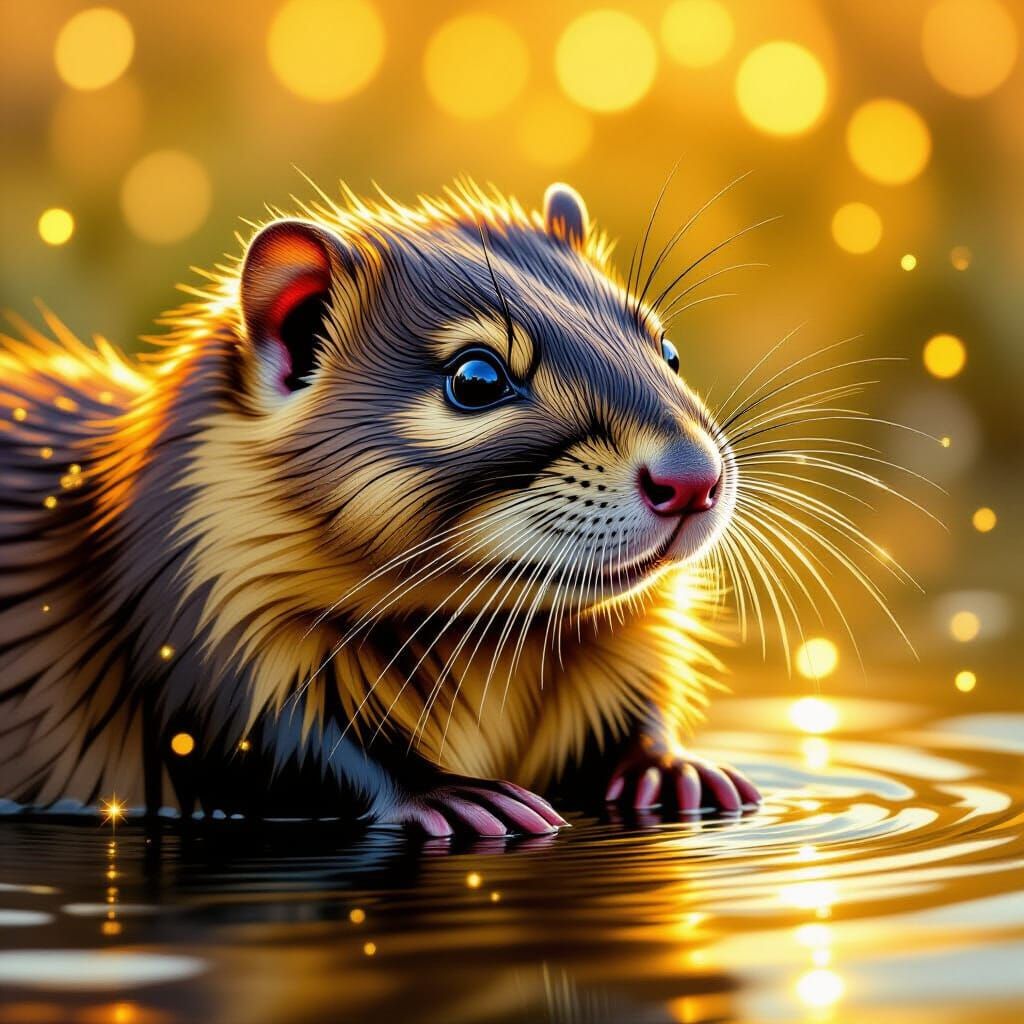 Golden Muskrat Portrait in Digital Painting Style