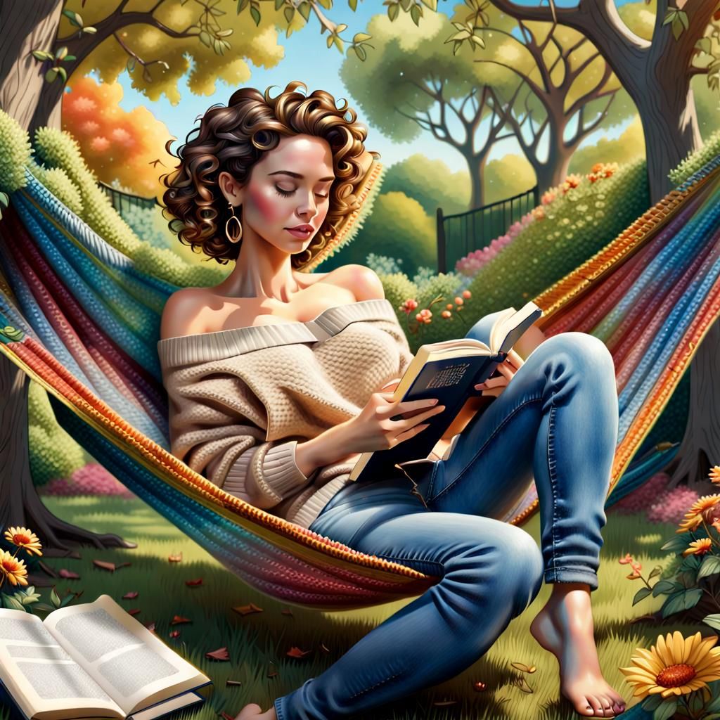 Woman Reading in Hammock: Digital Airbrush Illustration