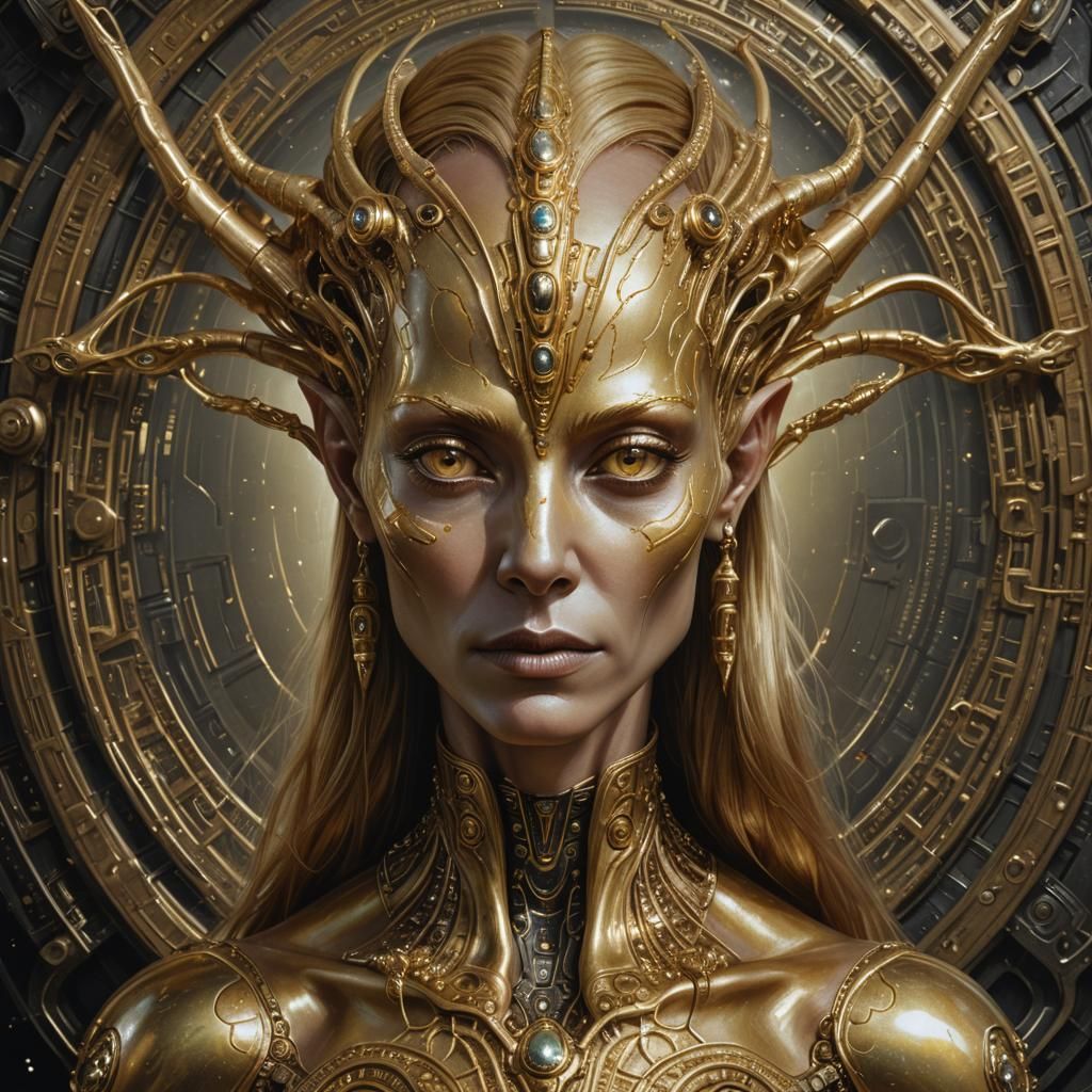 Golden Alien Woman: Hyperrealistic Metallic Portrait