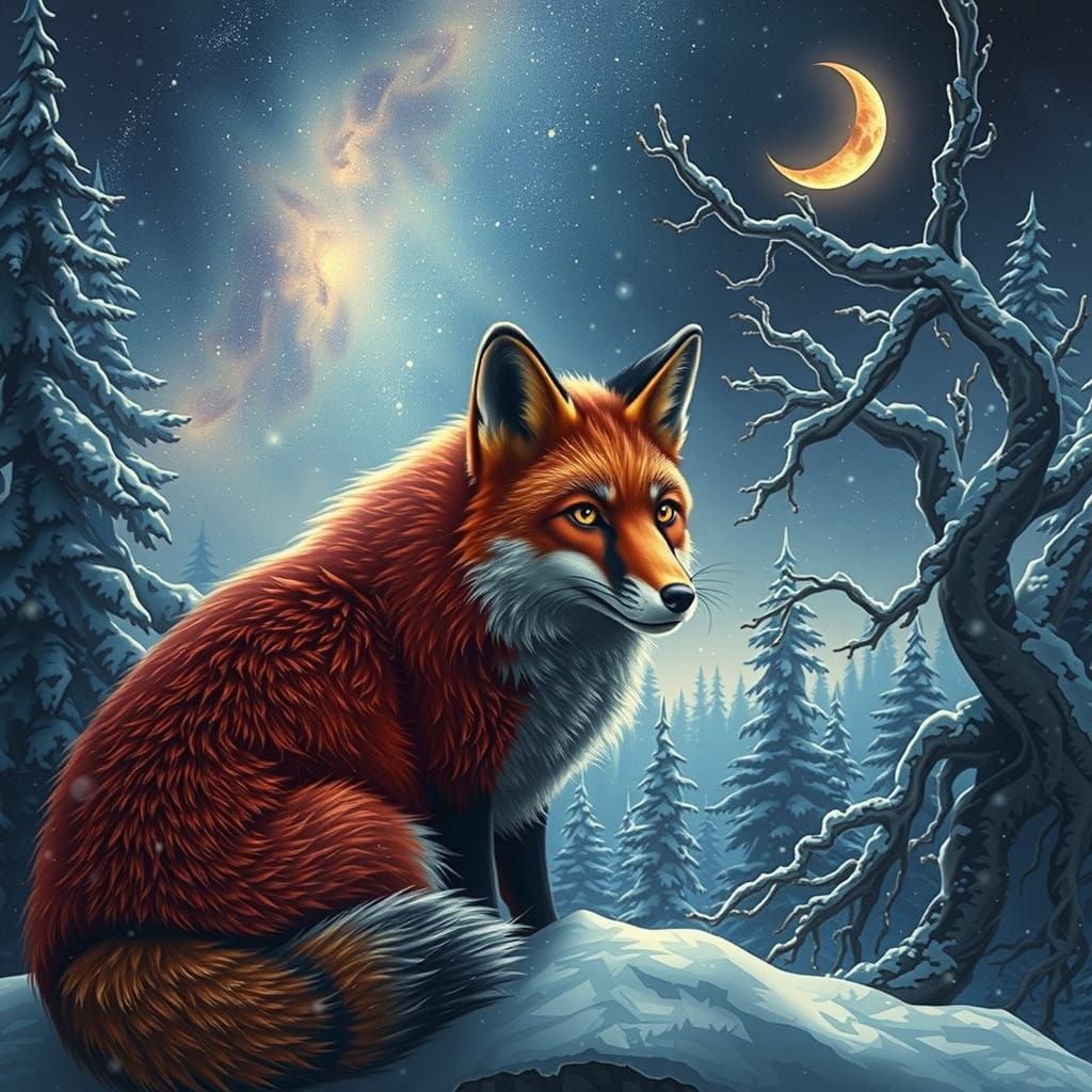 Majestic Winter Fox Amidst Twinkling Stars
